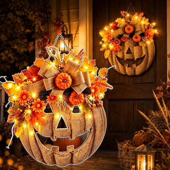 Lighted Burlap Pumpkin Wreath - Farmhouse Fall Burlap Pumpkin Wreath
