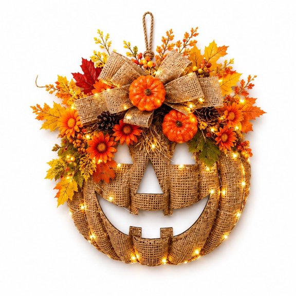 Lighted Burlap Pumpkin Wreath for Front Door with Warm LED Lights, Remote Control & 8 Lighting Modes, Rustic Fall Pumpkin Wreath, Pinecones & Bow for Halloween Thanksgiving Farmhouse Decor(RL)