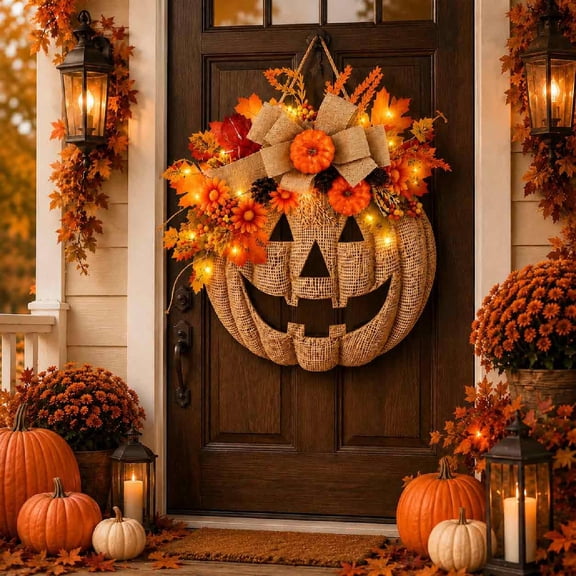 Lighted Burlap Pumpkin Wreath with Remote Control, Fall Harvest Front Door Wreath with LED Lights, Autumn Thanksgiving Hanging Decoration for Porch, Wall, Window and Indoor Outdoor Decor