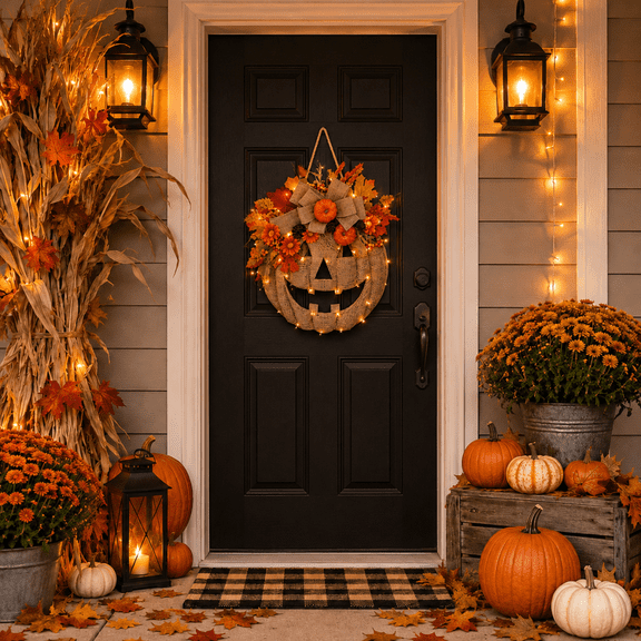 Lighted Burlap Pumpkin Wreath with Remote Control Cozy Fall Door Decor with 8 Light Modes & Warm LED Glow Halloween Decor