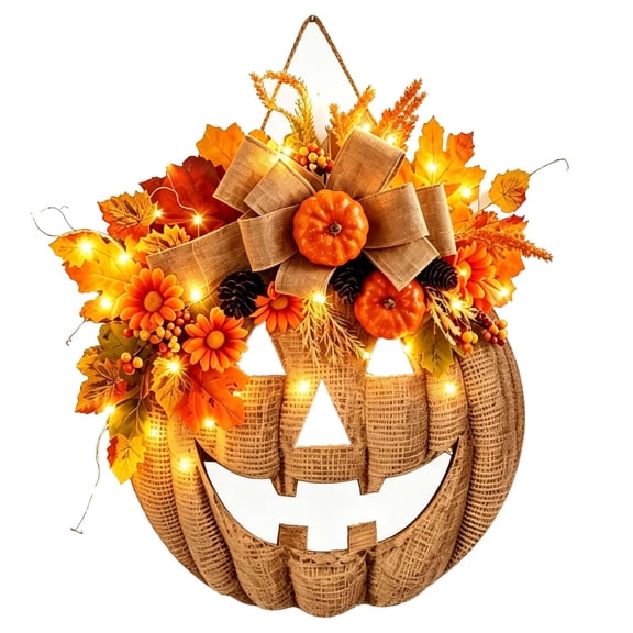 Lighted Burlap Pumpkin Wreath with Remote Control | Farmhouse Fall Wreath, 8-Mode LED Fall Door Decor, Halloween Autumn Wreath for Porch Home Decor
