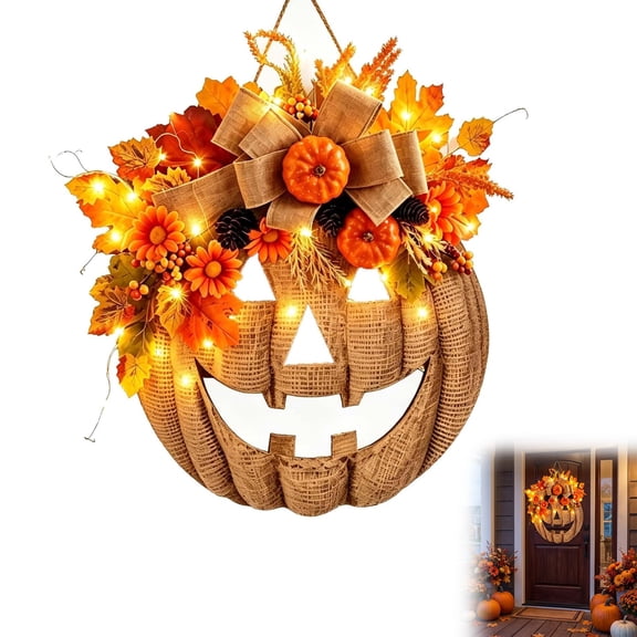 Lighted Burlap Pumpkin Wreath with Remote Control, Farmhouse Fall Wreath with Warm LED Lights, 8 Lighting Modes for Front Door Porch Home Decor