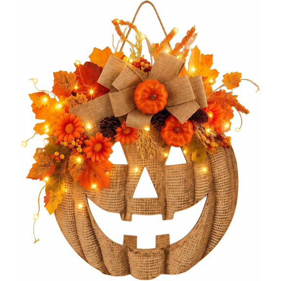 Lighted Burlap Pumpkin Wreath with Remote Control, Rustic Fall Hanging Sign for Front Door Thanksgiving Decor, 15.7 In
