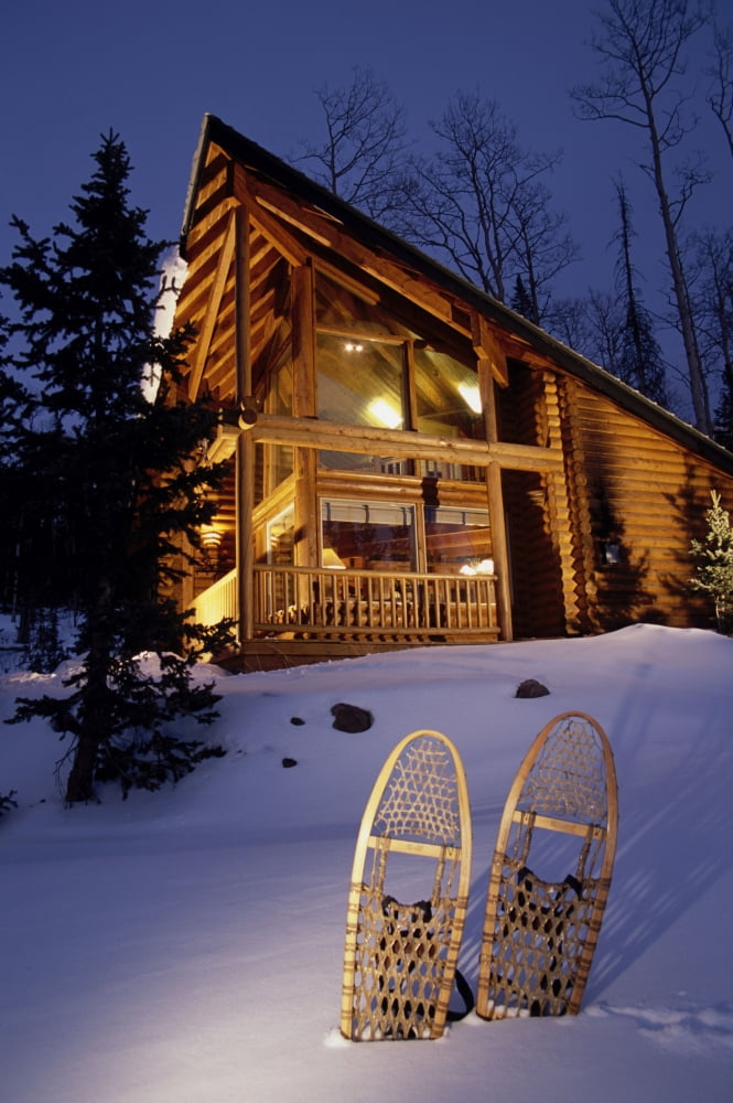 Lighted Cabin With Snowshoes In Front UtahNbrianhead Winter Canvas Art - Michael DeYoung Design Pics (11 x 17)