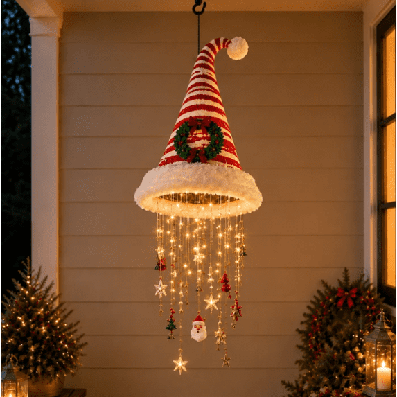 Lighted Candy Cane Striped Wreath Hat Hanging Chandelier, Warm Twinkling LED String Light, Christmas Home Accent Decor & Holiday Present for Family