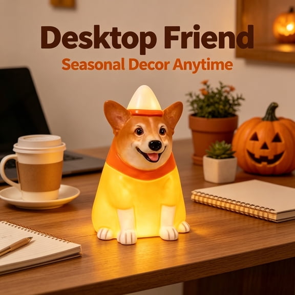 Lighted Candy Corn Corgi,Candy Corn Corgi Statue with Led Lights,Lighted Halloween Dog,Resin Fall Dog Figurine for Porch Yard Fall Display Tabletop,Cute Squishies Halloween Decors Yellow
