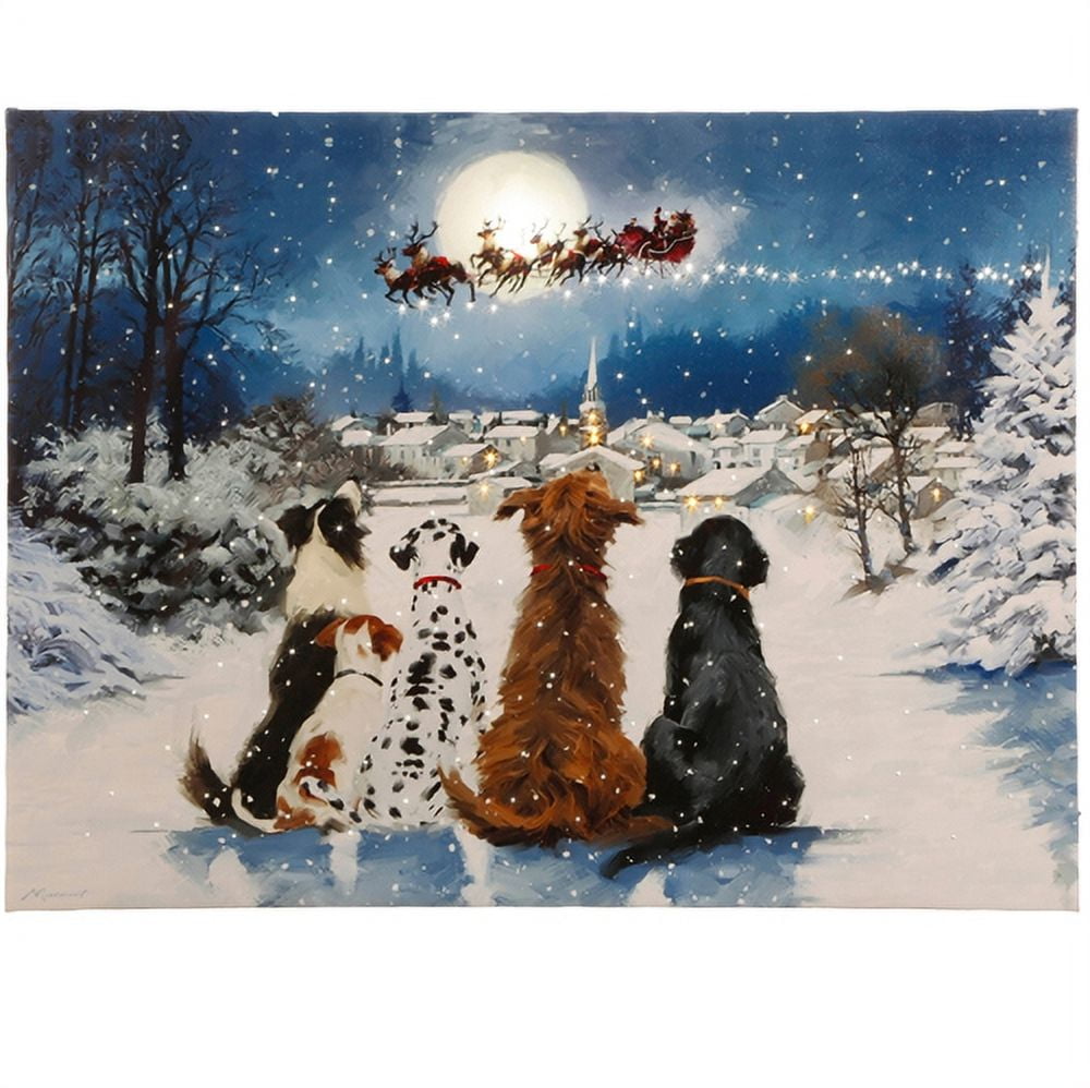 Lighted Canvas Dogs Watching Santa