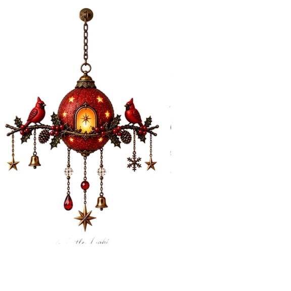 Lighted Cardinal Christmas Hanging Ornament, Red Bird Lantern Decor with Stars, Bells and Crystal-Style Drops for Window, Entryway, Porch and Holiday Home Display