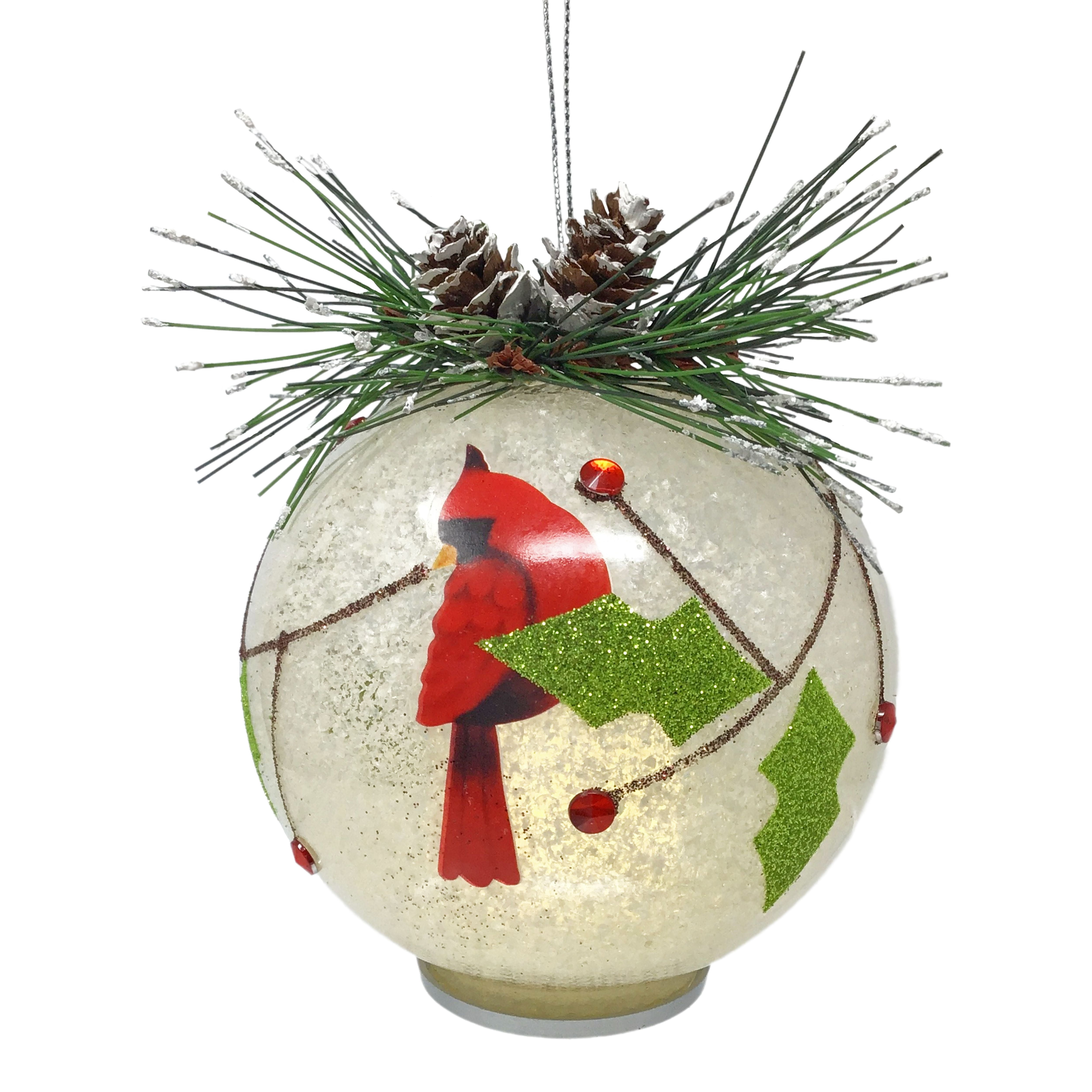 Lighted Cardinal Christmas Ornament - LED Ball Xmas Decoration - Snow \u0026  Holly Accents with Greenery \u0026 Pinecones 4\, image size:5000x5000