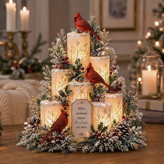Lighted Cardinal Memorial Tabletop Centerpiece, LED Faux Candle Christmas Decor with Red Cardinals, Frosted Pine, Berries