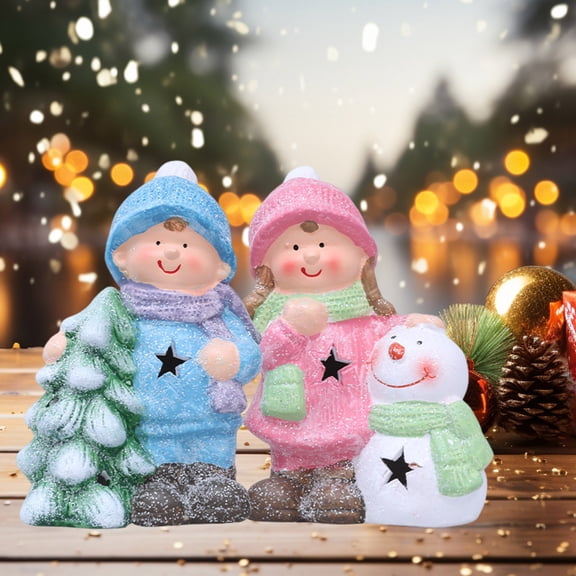 Lighted Ceramic Christmas Figurine Cute Light Up Boy Girl Tree Snowman Statue for Holiday Winter Indoor Mantel Tabletop Fireplace Decor