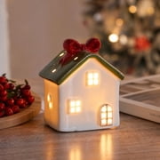 Lighted Ceramic Christmas House, Holiday Tabletop Lantern, Glowing Ceramic Cottage with Cutout Windows and Roof for Mantels, Glazed Ceramic with Cutout Windows an with Casts a Gentle