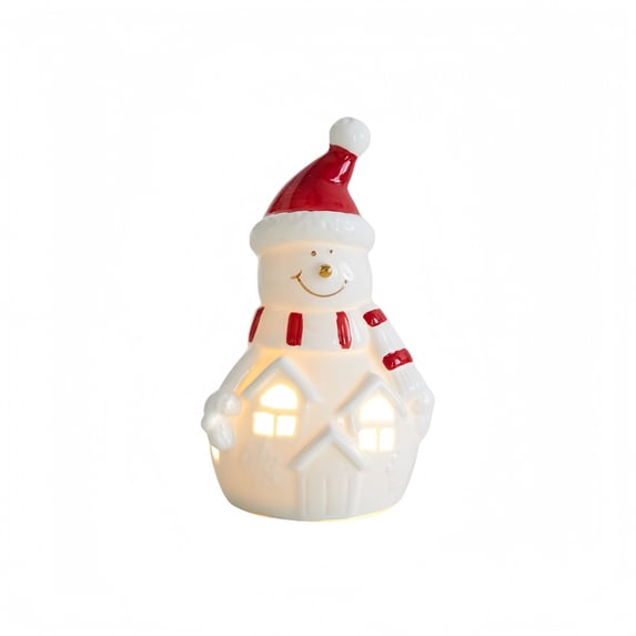 Lighted Ceramic Christmas Snowman Decor, 1Pc White Christmas Snowman with Lights Xmas Figurine for Tabletop Mantel Shelf Fireplace Holiday Decorations for Home and Gift