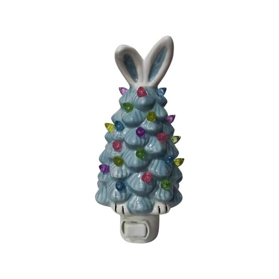 Lighted Ceramic Easter Bunny Tree Decor - 6.3" Illuminated Bunny Tree with Colorful Accents - Spring Easter Decoration Indoor for Tabletop, Shelf, Mantel & Seasonal Display (Blue)