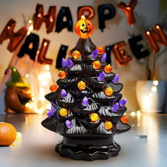 Lighted Ceramic Tree Purple Ceramic Halloween Tree Pumpkin Light - Tabletop Glowing Christmas Decoration, Orange Pumpkin Head-Home Decoration,Led Light Up By Battery, 35 Multicolor Bulbs