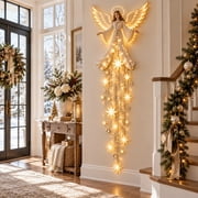 Lighted Christmas Angel Wall Hanging, Glowing Wings and Cascading Star Lights for Living Room Entryway Decor
