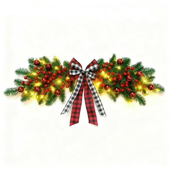 Lighted Christmas Artificial Garland, Xmas Mailbox or Door Swag Decorations with Plaid Bow Red Berries Pine Needle Wreath and LED Lights for Christmas Holiday Decor