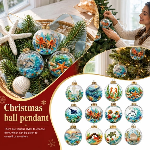 Lighted Christmas Ball Ornament, 3.94 Inch Clear Hanging Globe With 3D Underwater Scene, Starfish Interior Detail, Gold Metal Hanging Cap for Christmas Tree Shelf Mantel Indoor Holiday Decor