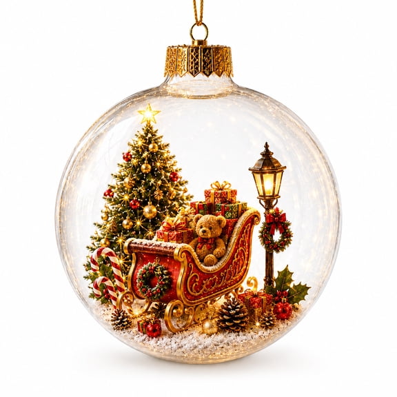 Lighted Christmas Ball Ornament With Teddy Bear Sleigh Scene For Tree Holiday Hanging Decor