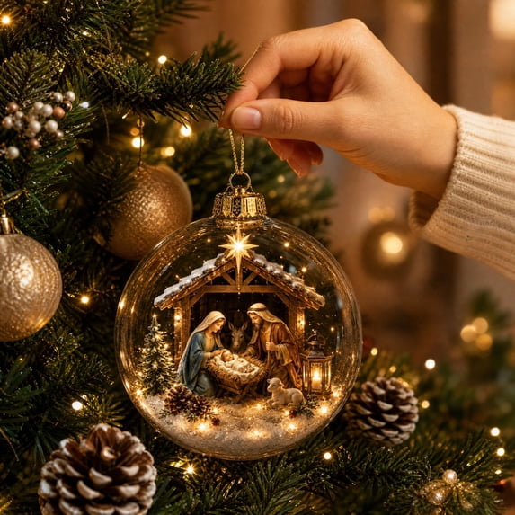 Lighted Christmas Ball Ornaments with 3D Nativity Scene, 1 Piece, Clear with Gold Cap, for Christian Home, Christmas Decoration