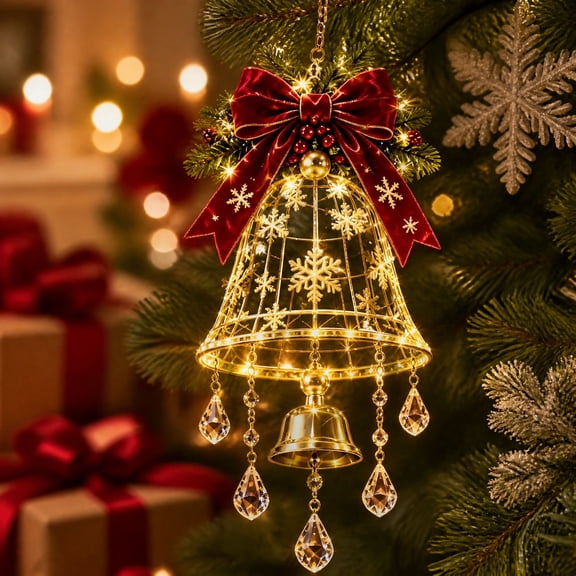 Lighted Christmas Bell Hanging Ornament, Warm Light Bell Mobile with Red Bow, Greenery and Clear Teardrop Drops for Window, Porch, Entryway and Holiday Home Decor, 9.84 Inch