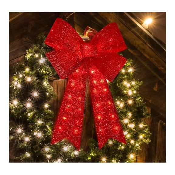 Lighted Christmas Bows 32 Inch, Red Glitter Christmas Tree Topper Bow, Large Decorative Wreath Bow with 72 LED Lights, Holiday Party Garland Decorations