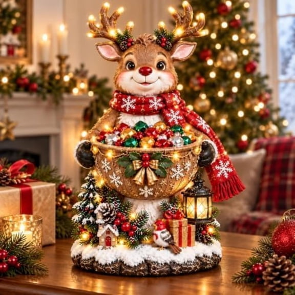 Lighted Christmas Candy Bowl Collection, Reindeer、Resin Christmas Candy Holder Statue with LED Lantern Pine Berries & Bells for Table Shelf Mantel Indoor Xmas Party Decor