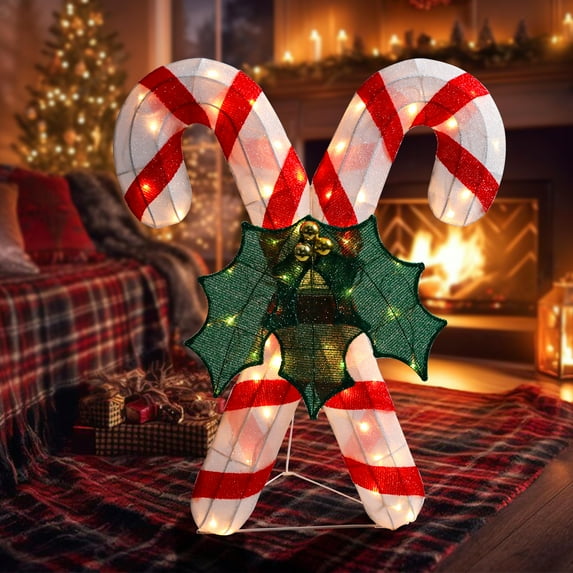 Lighted Christmas Candy Canes Tinsel Decoration,Pre-lit Light Up With Warm LED Light,Christmas Decoration for Indoor Outdoor,Holiday Decoration