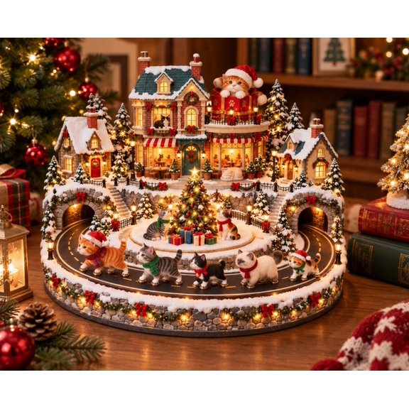 Lighted Christmas Cat Village Plastic Tabletop Decoration, Cat Themed Village Scene with Warm Glow Windows and Snowy Roof Tops for Mantel and Console Table