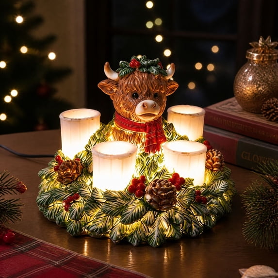 Lighted Christmas Centerpiece, Highland Cow Christmas Wreath LED Candle ...