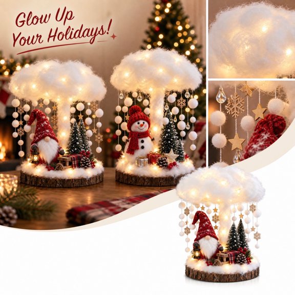 Lighted Christmas Cloud Tabletop Decoration with Warm LED Canopy, Hanging Star and Snowflake Ornaments, Winter Scene Accent for Mantel, Table or Window Sill