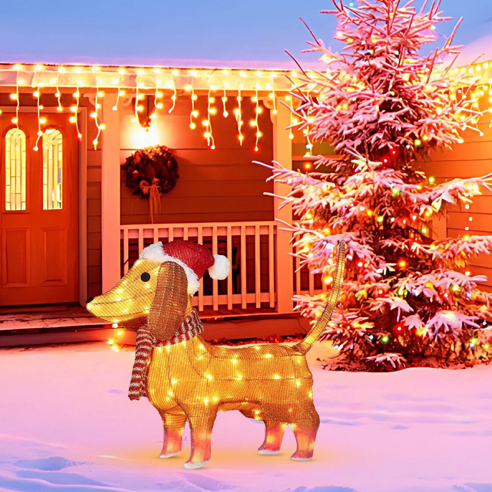 Lighted Christmas Dachshund Decoration, Outdoor Glowing Metal Christmas