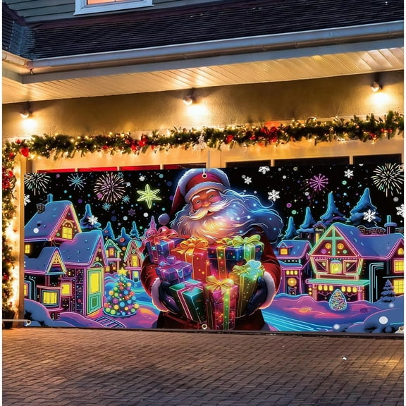 Lighted Christmas Door Cover Door Banner Uv Activated Night Glow Fluorescent Cartoon Christmas Garage Front Porch Sign （13X6 Ft）