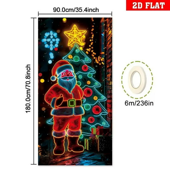 Lighted Christmas Door Cover Door Banner, Uv Activated Night Glow Fluorescent Christmas Door Cover Party Banner, for Outdoor Indoor Holiday Decoration, 6*3ft