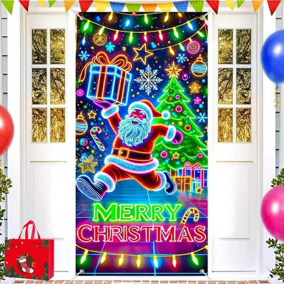 Lighted Christmas Door Cover Door Banner, Uv Activated Night Glow Fluorescent Christmas Door Cover Party Banner, for Outdoor Indoor Holiday Decoration, 6*3ft