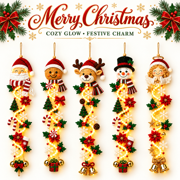 Lighted Christmas Door Hanger, Merry Cascade Glowing Christmas Door Hanging Decor with Warm Lights, Christmas Indoor Outdoor Decorations