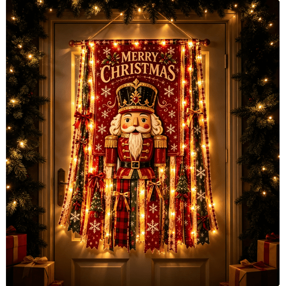Lighted Christmas Door Hanging Decor Door Flag Banner, Plaid Ribbon Christmas Wall Flag for Indoor Covered Outdoor Holiday Party Display (The Nutcracker)