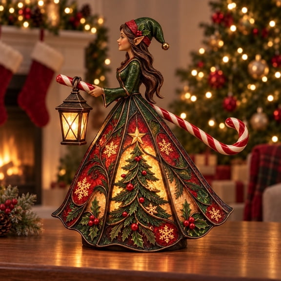 Lighted Christmas Elf Figurine with Lantern, Warm LED Christmas Tree Dress Statue for Tabletop, Mantel, Shelf, Entryway and Holiday Home Decor, 7.01 Inch