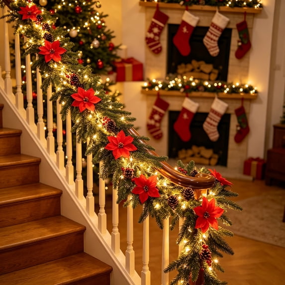 Lighted Christmas Floral Garland with 35 LED Lights, Artificial Holiday Flower Decor for Mantel, Stair Railing, Doorway, Window, Porch, Party, Indoor Outdoor, 71 inch