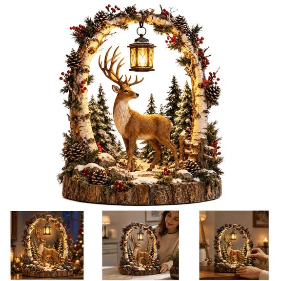 Lighted Christmas Forest Scene Tabletop Figurine Stag Desktop Decoration with Hanging Lantern Snow Dusted Birch Arch Pine Berries