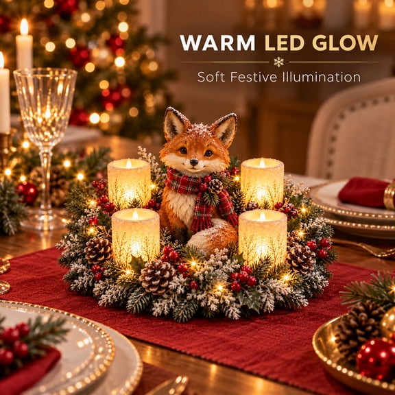 Lighted Christmas Fox Centerpiece Tabletop Decor with LED Candles Holiday Decor for Home Mantel Cozy Winter Wonderland 10.63 In