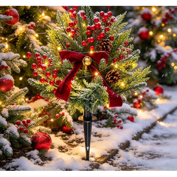 Lighted Christmas Garden Stake Artificial Pine and Cedar Foliage with Red Berries Pinecones Bow and Bell for Front Yard Seasonal Decoration