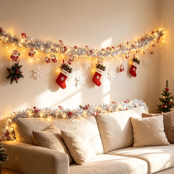 Lighted Christmas Garland with LED Lights Silver Santa Claus Ornaments Artificial Pine Garland for Fireplace Mantel Stair Railing Front Door Holiday Decor 118.11 inch B