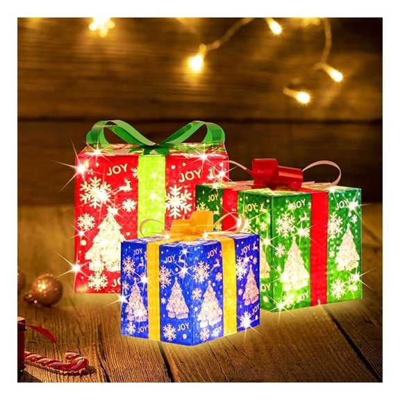 Lighted Christmas Gift Boxes - Set of 3, 8.5"x7"x6", 70 LED Indoor Outdoor Holiday Decorations