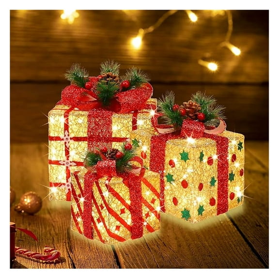 Lighted Christmas Gift Boxes - Set of 3, 9.5" Large, Pre-lit 70 LED - Indoor/Outdoor Holiday Decorations