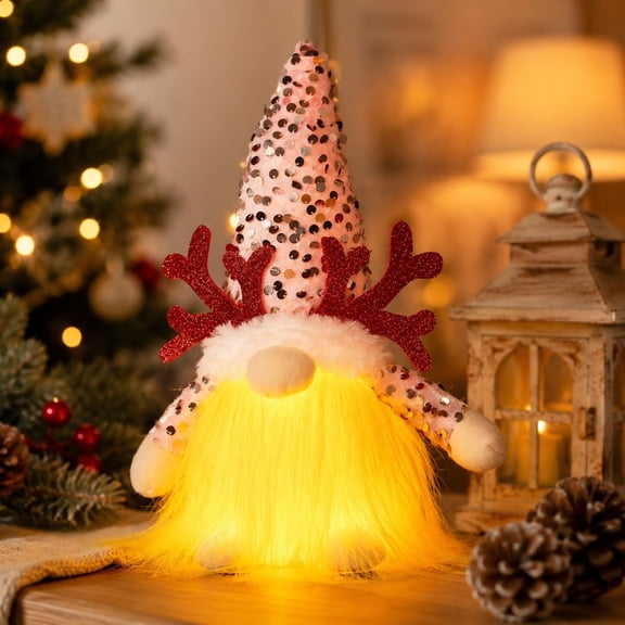 Lighted Christmas Gnome Figurine with Sequin Hat and Antlers, Plush Faceless Holiday Decor for Shelf Mantel Window Tabletop Indoor Home Office Party Decoration Accent