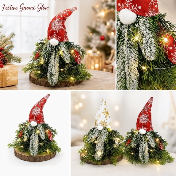 Lighted Christmas Gnome Tabletop Tree, Prelit Flocked Evergreen with Snowflake Hat, Festive Holiday Centerpiece with LED Lights (Red)