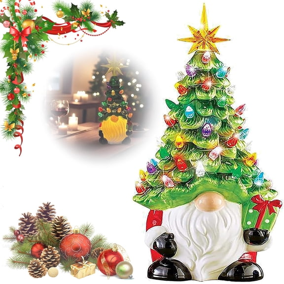 Lighted Christmas Gnome Tree, 8'' Ceramic Gnome Christmas Tree with Multicolored Lights, Mini Prelit Faceless Christmas Tree Gnome Tabletop Decor for Home Room Fireplace