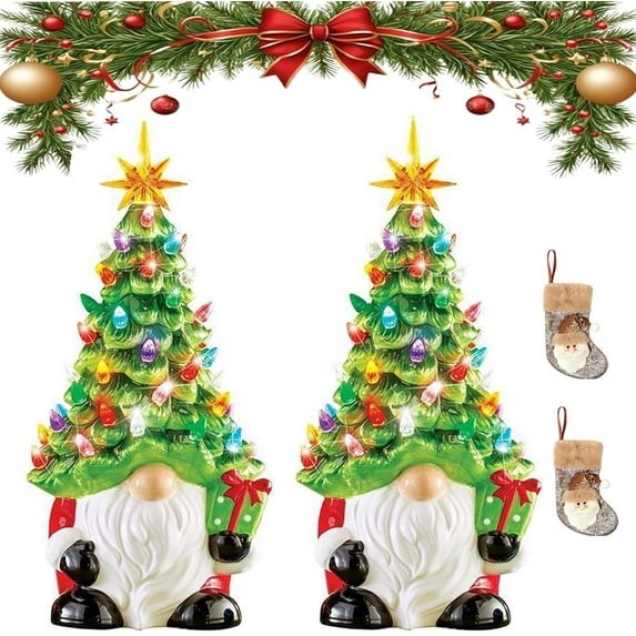 Lighted Christmas Gnome Tree, Ceramic Christmas Tree Gnome, Ceramic Christmass Trees That Light up, Faceless Old Man Trees with Multicolored Lights, Mini Xmas Holiday Decor