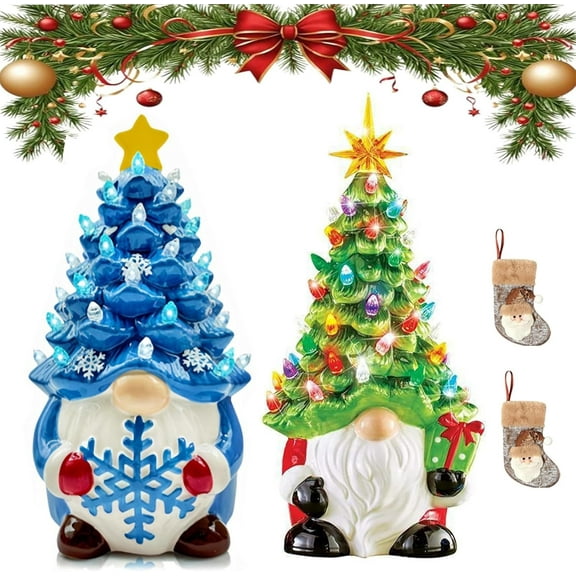Lighted Christmas Gnome Tree, Ceramic Christmas Tree Gnome, Ceramic Christmass Trees That Light up, Faceless Old Man Trees with Multicolored Lights, Mini Xmas Holiday Decor